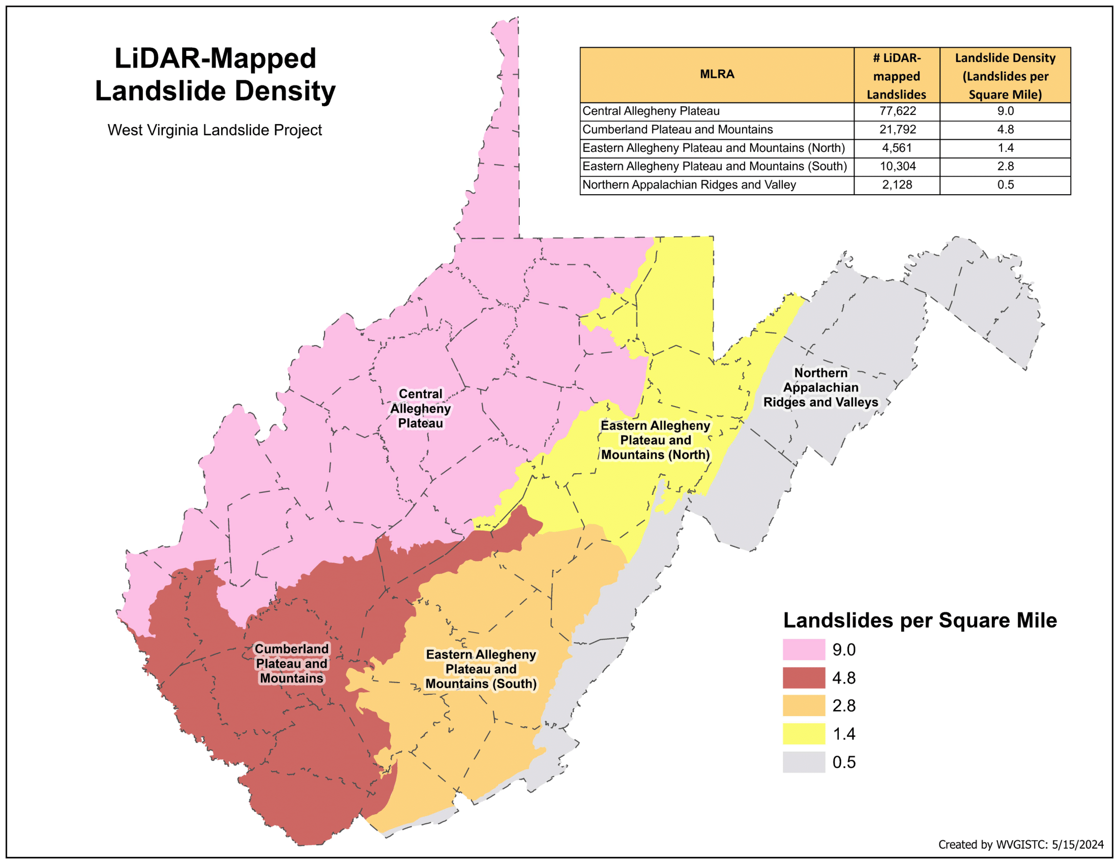 Map of West Virginia showing landslide density by region, with Central Allegheny Plateau having highest density at 9.0 landslides per square mile